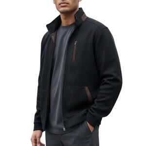 Tasso Elba Faux Suede Trim Knit Jacket Black Brown Trim Men's M